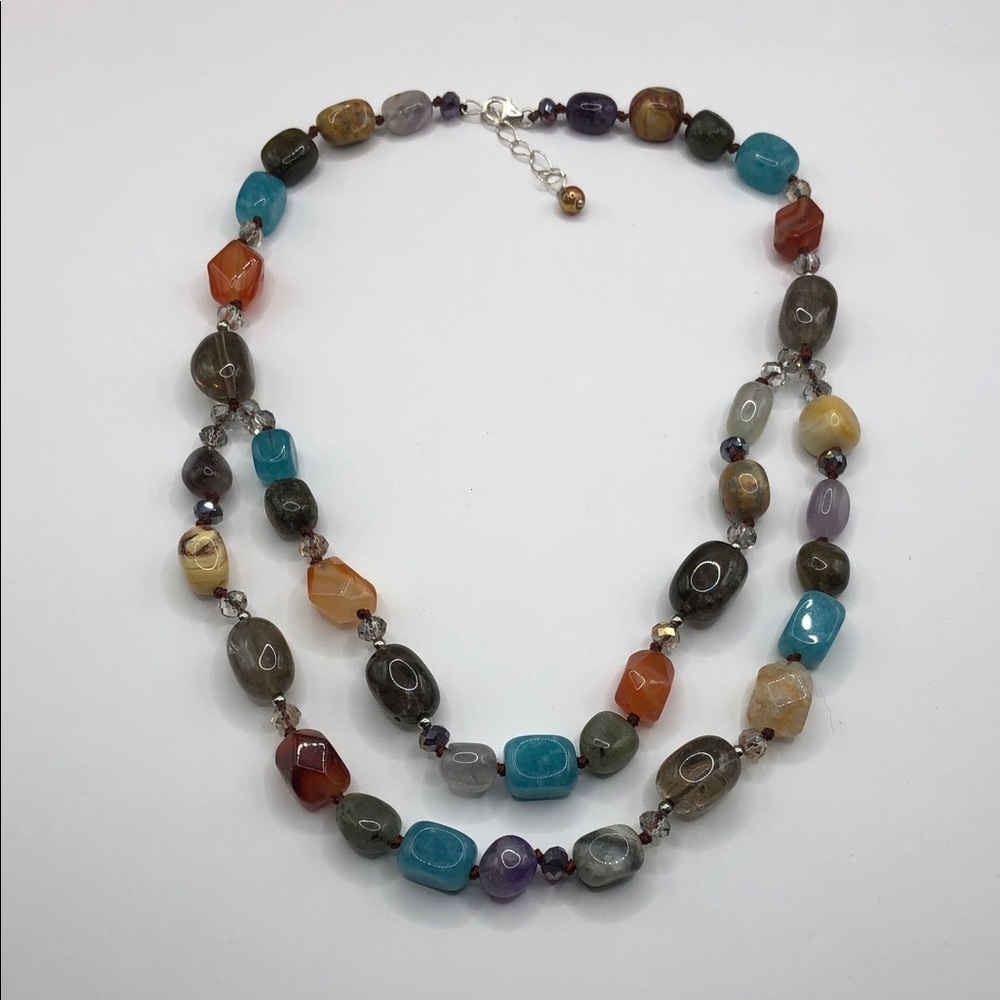 Semi precious stone gemstone layered necklace sterling silver 925 boho statement